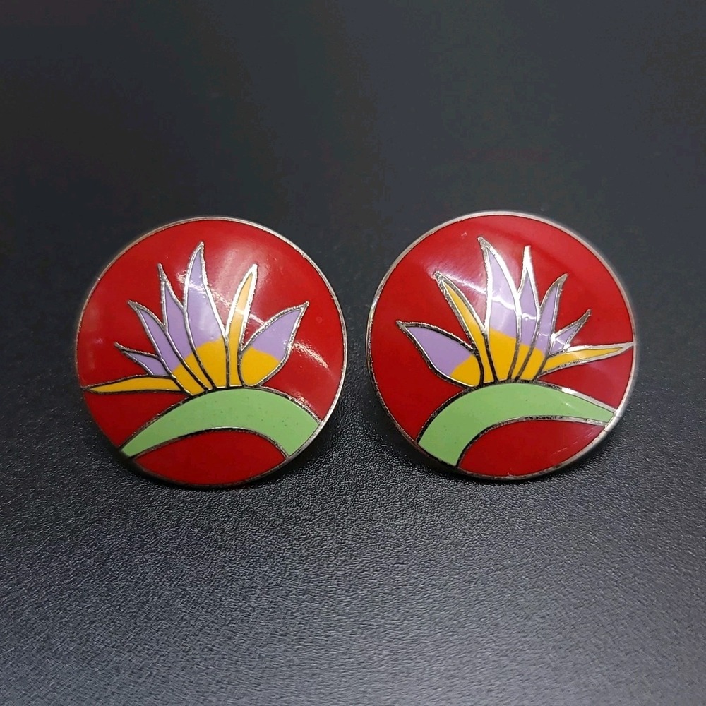 Laurel Burch Bird of Paradise Round Red Enamel Post Earrings